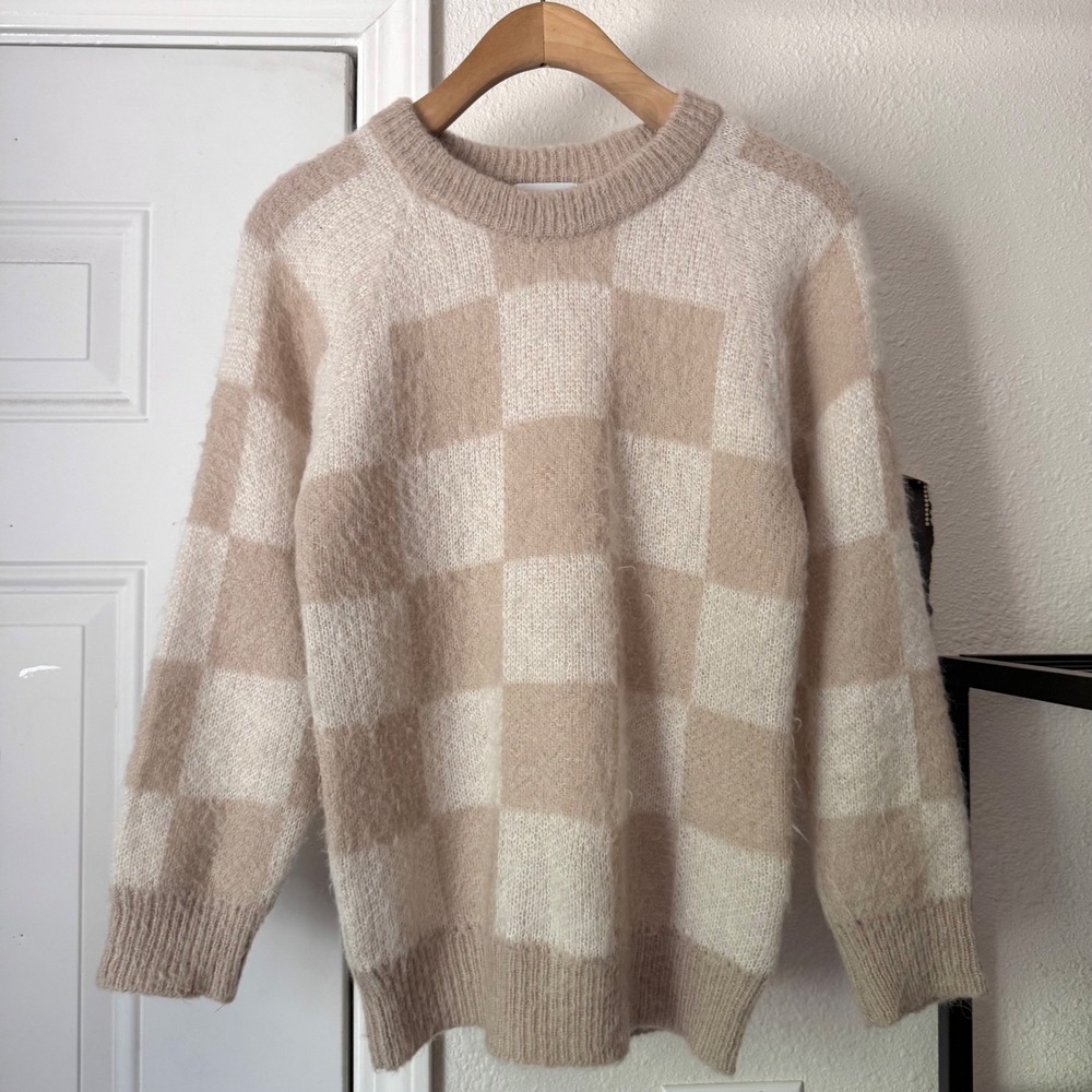 BIANCO & BLU mohair tan cream checker lightweight crew neck cropped sweater